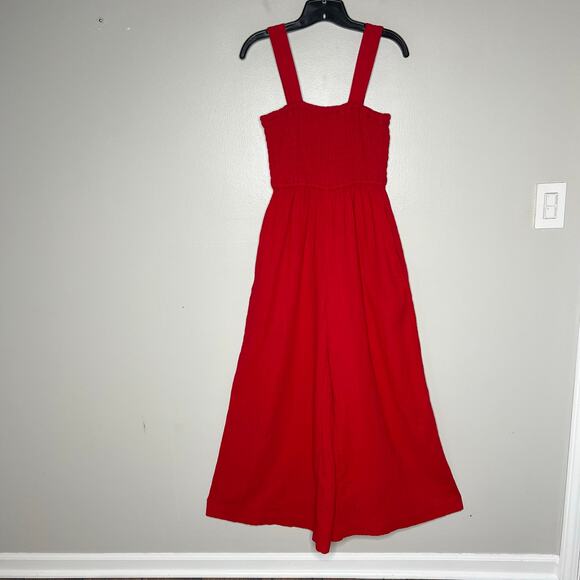 Quince Women's Organic Cotton Gauze Smocked Wide Leg Jumpsuit Cherry Red Sz S - Picture 2 of 11